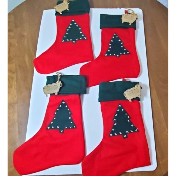 Set Of 4 Naturally Wool Christmas Stockings With Green Cuffs & Tree Design - Picture 1 of 7